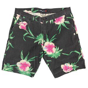 Quiksilver Hawaiian Denim Shorts 33 Black Floral Flat Front Pockets Button Zip